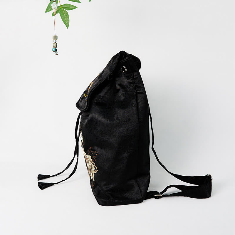 Sac à dos en coton et polyester de grande capacité, brodé de pivoines noires faites à la main, Buddha Stones