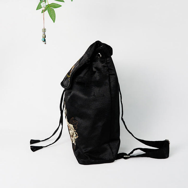 Sac à dos en coton et polyester de grande capacité, brodé de pivoines noires faites à la main, Buddha Stones