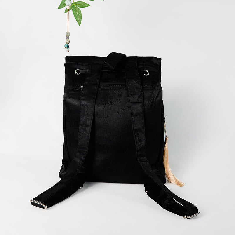 Sac à dos en coton et polyester de grande capacité, brodé de pivoines noires faites à la main, Buddha Stones