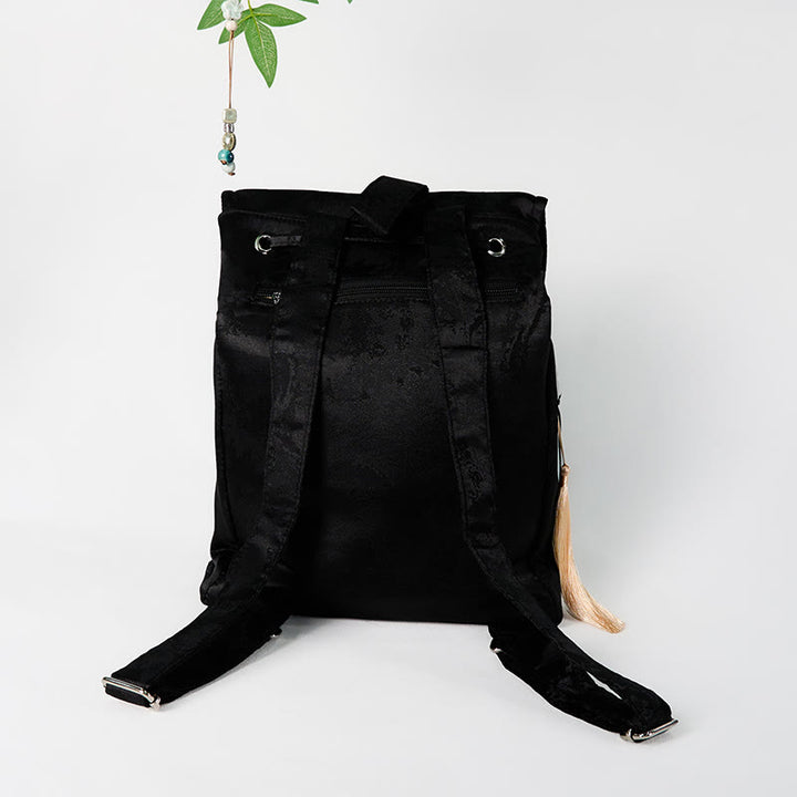 Sac à dos en coton et polyester de grande capacité, brodé de pivoines noires faites à la main, Buddha Stones