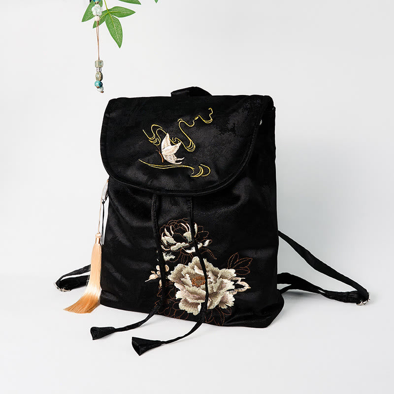 Sac à dos en coton et polyester de grande capacité, brodé de pivoines noires faites à la main, Buddha Stones