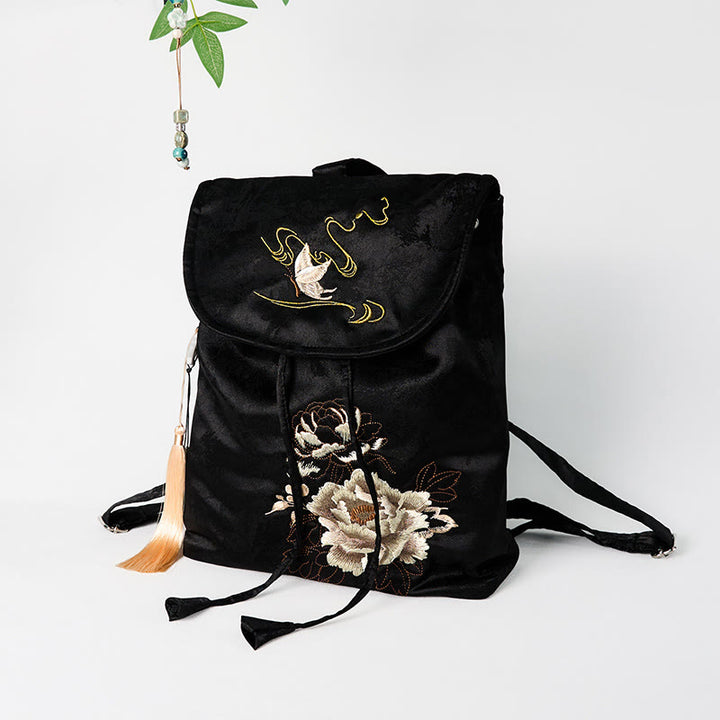 Sac à dos en coton et polyester de grande capacité, brodé de pivoines noires faites à la main, Buddha Stones