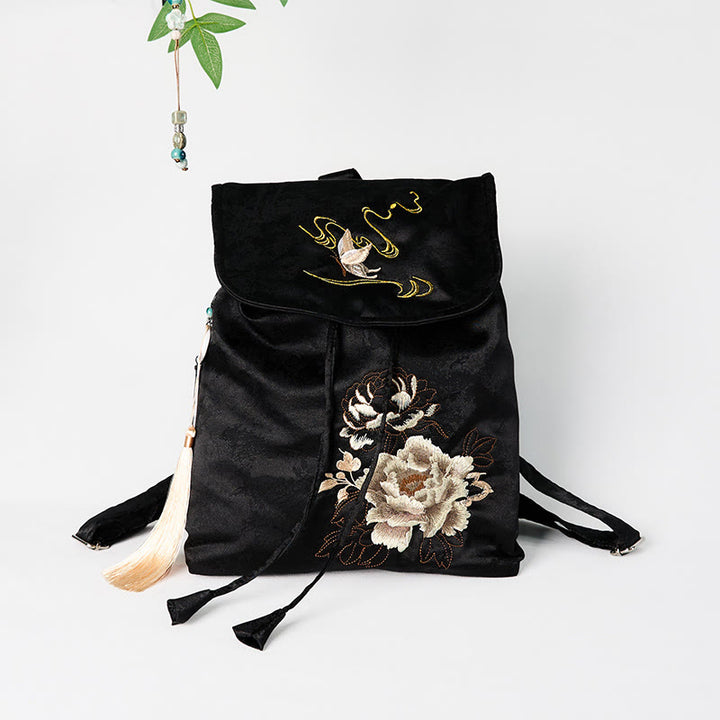 Sac à dos en coton et polyester de grande capacité, brodé de pivoines noires faites à la main, Buddha Stones