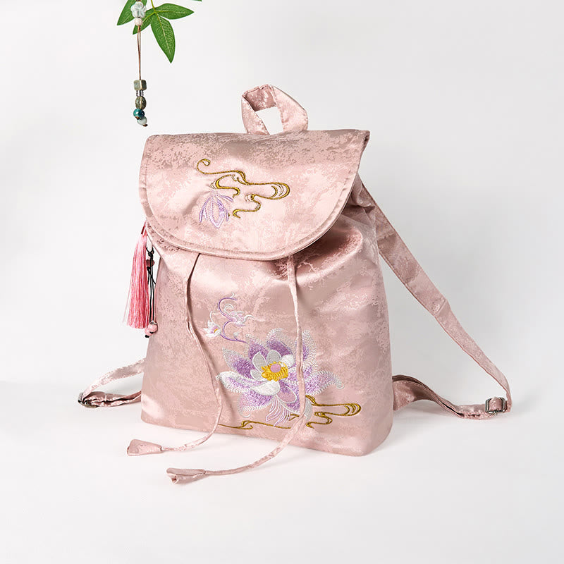 Sac à dos grande capacité en polyester et coton brodé de lotus rose fait main avec Buddha Stones
