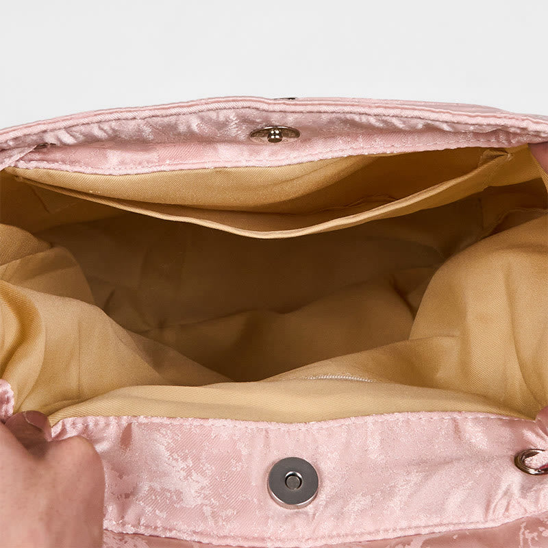 Sac à dos grande capacité en polyester et coton brodé de lotus rose fait main avec Buddha Stones