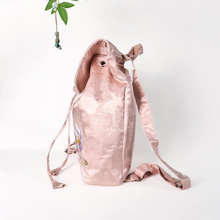 Sac à dos grande capacité en polyester et coton brodé de lotus rose fait main avec Buddha Stones