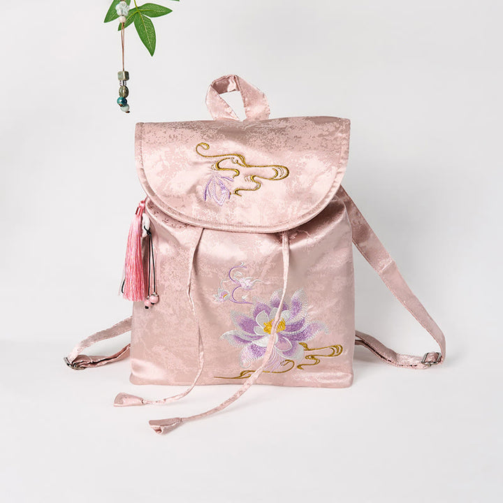 Sac à dos grande capacité en polyester et coton brodé de lotus rose fait main avec Buddha Stones