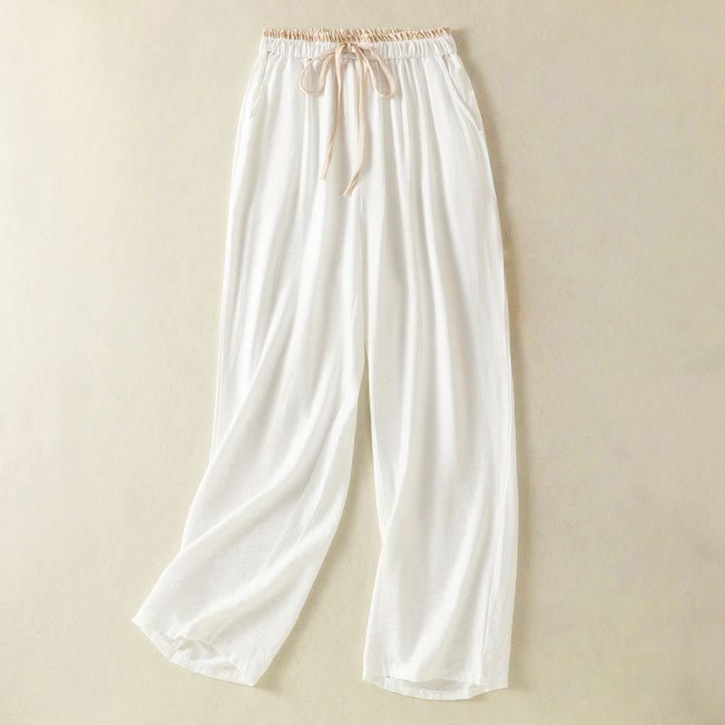 Pantalon vintage décontracté en coton et lin avec cordon de serrage et poches pour femme, couleur pure, longueur Buddha Stones - Blanc - US8-10，UK/AU12-14，EU40-42 (2XL) - image 0
