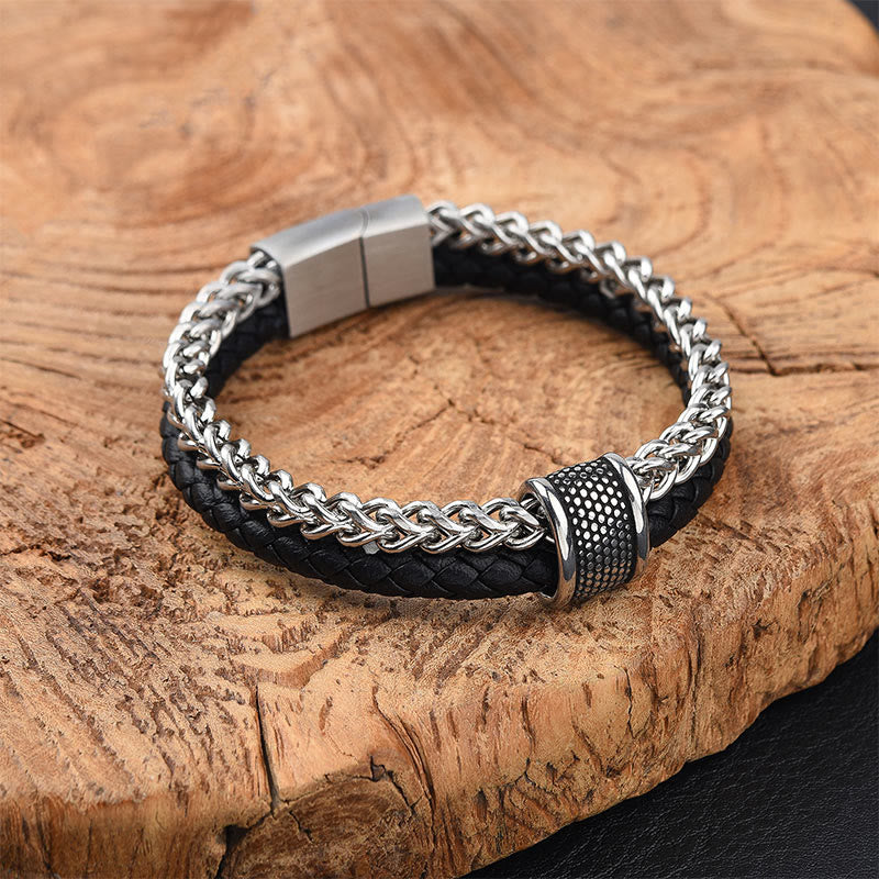 Bracelet en cuir double couche avec boucle magnétique et équilibre en acier titane et Buddha Stones - Acier au titane - image 0