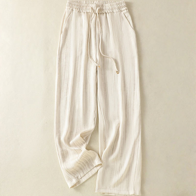 Pantalon femme décontracté à motif de lignes verticales et artistiques Buddha Stones, longueur cheville, avec cordon de serrage et poches - Beige - US8-10，UK/AU12-14，EU40-42 (2XL) - image 0