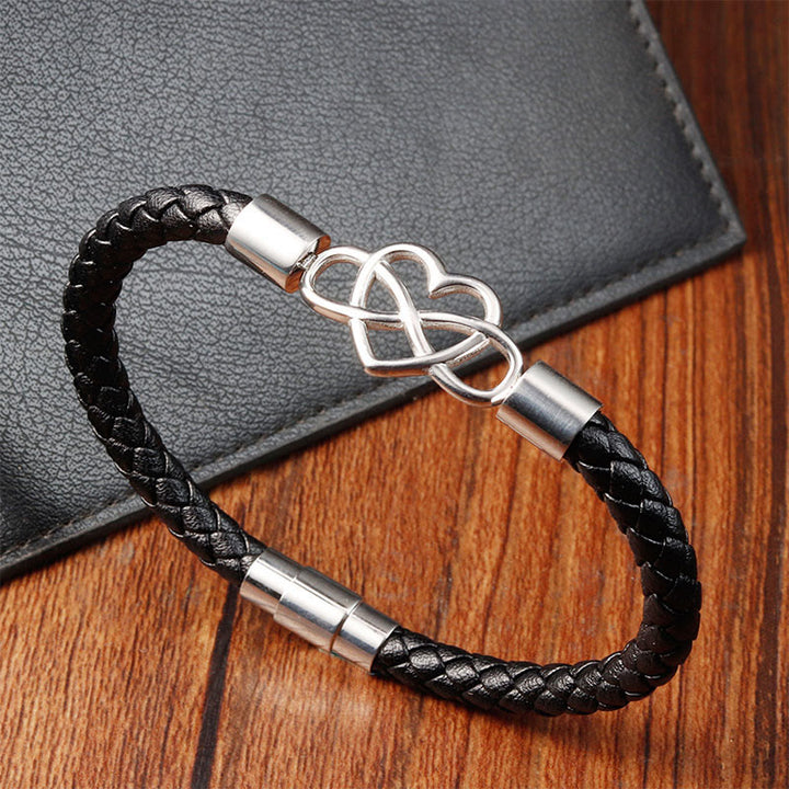 Bracelet en cuir et acier titane avec boucle en forme de cœur et nœud sans fin en Buddha Stones