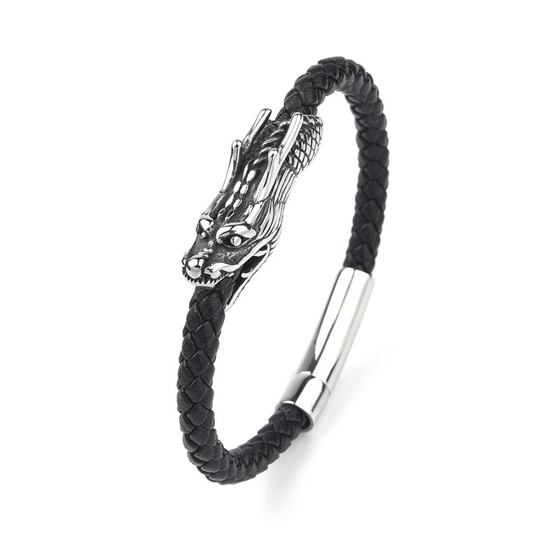 Bracelet à boucle robuste en cuir et acier titane avec pierres de Buddha Stones et dragon