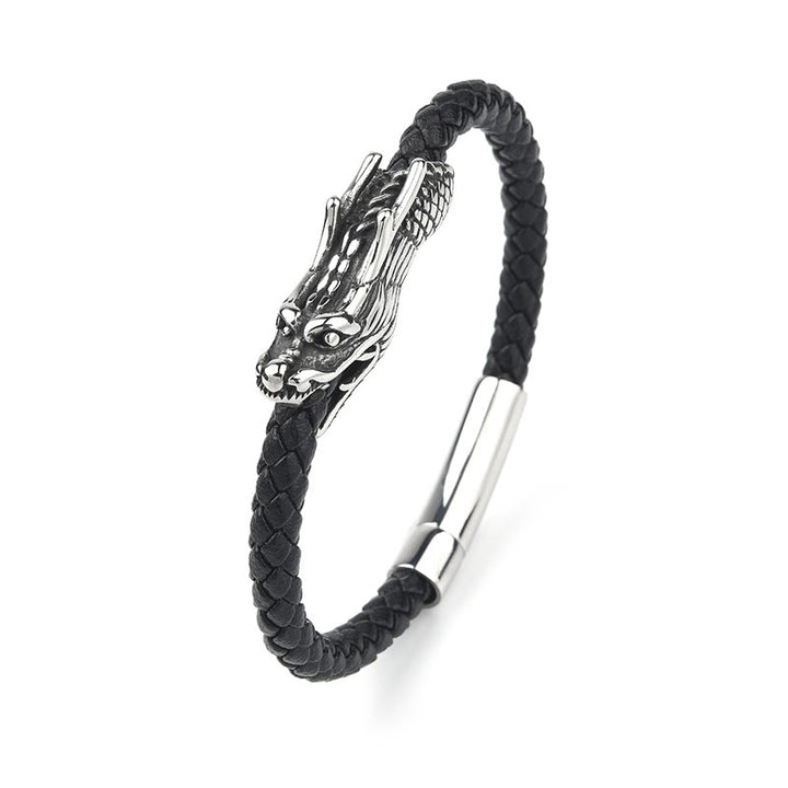 Bracelet à boucle robuste en cuir et acier titane avec pierres de Buddha Stones et dragon