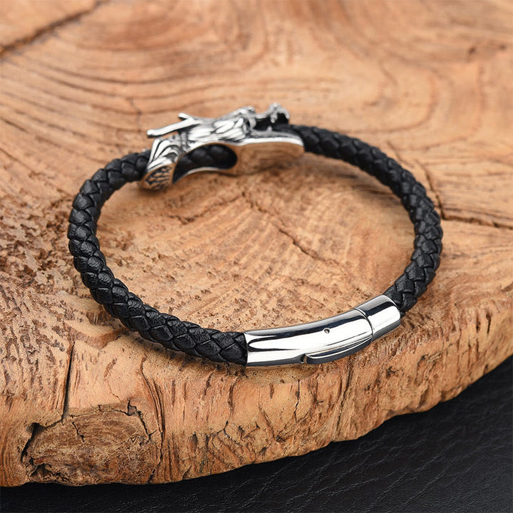 Bracelet à boucle robuste en cuir et acier titane avec pierres de Buddha Stones et dragon