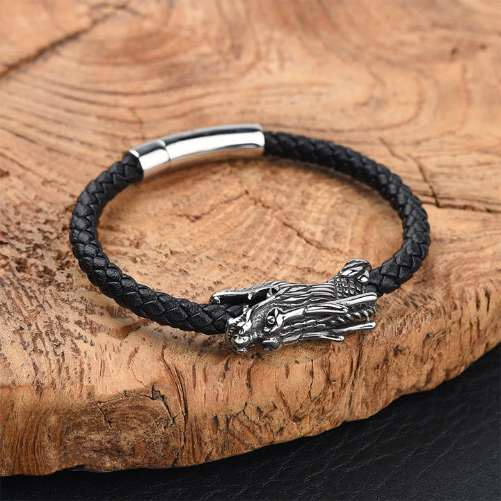 Bracelet à boucle robuste en cuir et acier titane avec pierres de Buddha Stones et dragon