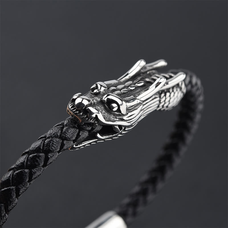 Bracelet à boucle robuste en cuir et acier titane avec pierres de Buddha Stones et dragon