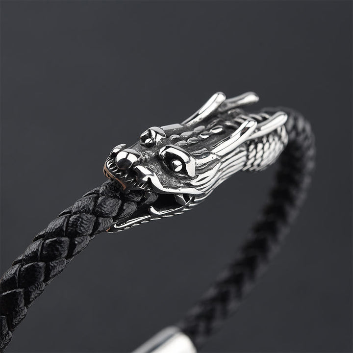 Bracelet à boucle robuste en cuir et acier titane avec pierres de Buddha Stones et dragon
