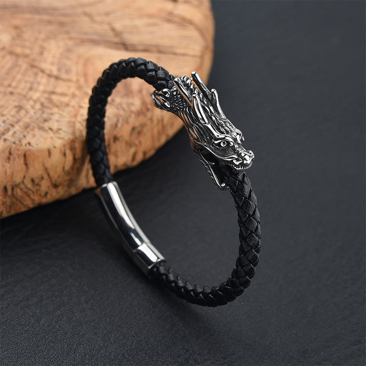 Bracelet à boucle robuste en cuir et acier titane avec pierres de Buddha Stones et dragon