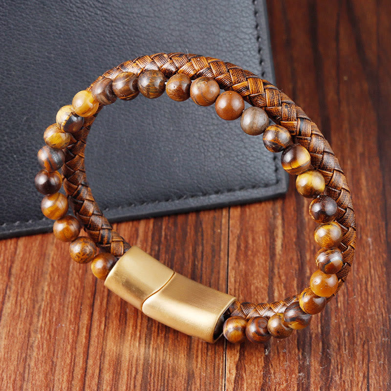 Bracelet en cuir et acier titane avec perles en œil de tigre Buddha Stones multicouches et boucle robuste