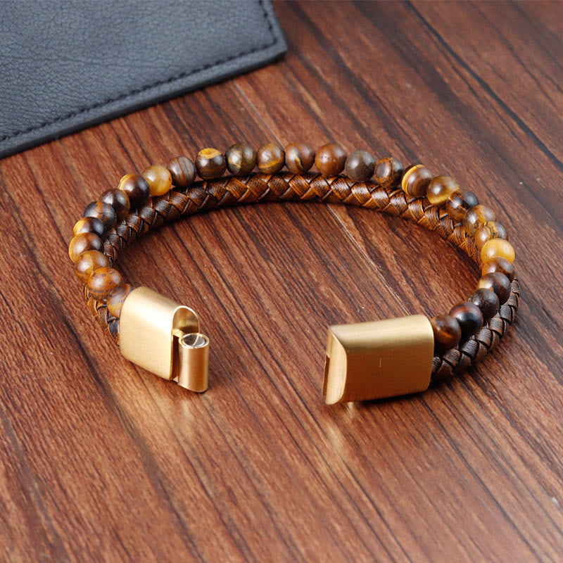 Bracelet en cuir et acier titane avec perles en œil de tigre Buddha Stones multicouches et boucle robuste