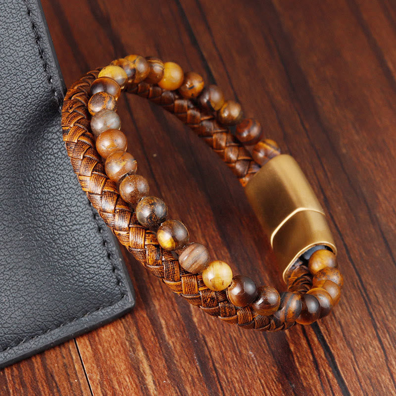 Bracelet en cuir et acier titane avec perles en œil de tigre Buddha Stones multicouches et boucle robuste