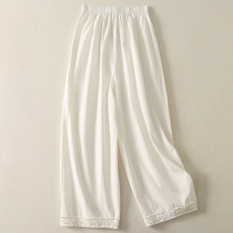 Pantalon décontracté en coton avec ourlet à volants et poches pour femme, motif patchwork, cordon de serrage, longueur cheville