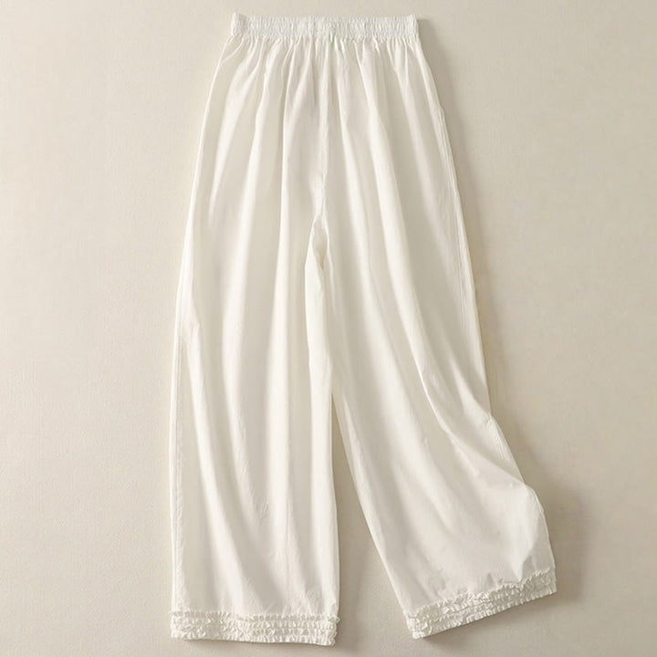 Pantalon décontracté en coton avec ourlet à volants et poches pour femme, motif patchwork, cordon de serrage, longueur cheville