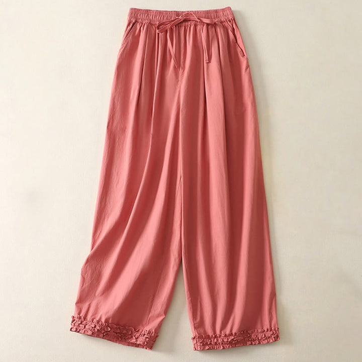 Pantalon décontracté en coton avec ourlet à volants et poches pour femme, motif patchwork, cordon de serrage, longueur cheville
