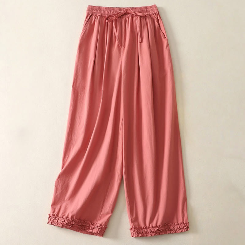 Pantalon décontracté en coton avec ourlet à volants et poches pour femme, motif patchwork, cordon de serrage, longueur cheville - Tomate - US12，UK/AU16，EU44 (2XL) - image 0