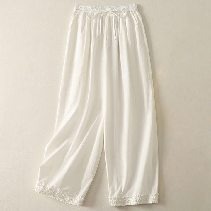 Pantalon décontracté en coton avec ourlet à volants et poches pour femme, motif patchwork, cordon de serrage, longueur cheville