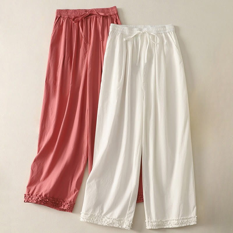 Pantalon décontracté en coton avec ourlet à volants et poches pour femme, motif patchwork, cordon de serrage, longueur cheville