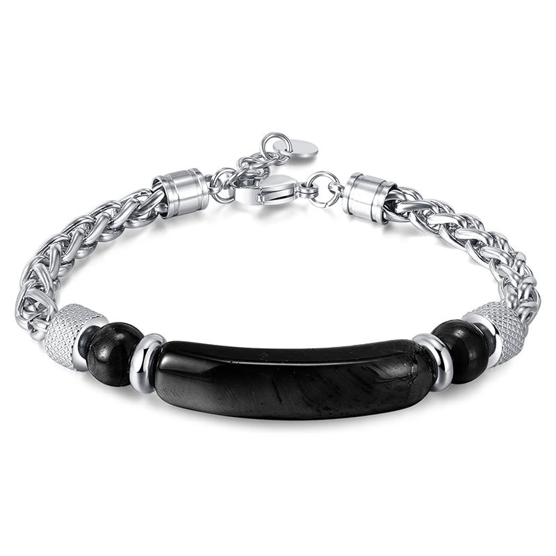 Bracelet à boucle robuste en acier titane et pierre d'obsidienne noire et œil de Buddha Stones