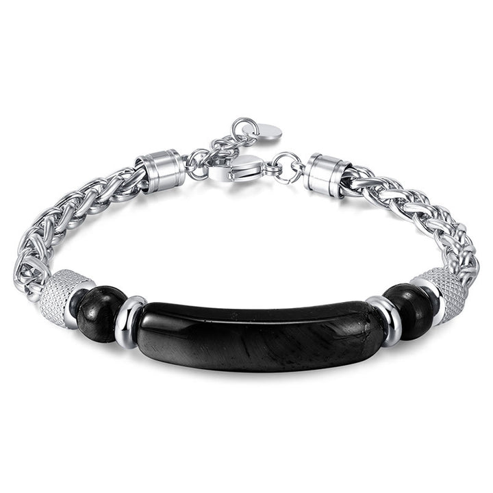Bracelet à boucle robuste en acier titane et pierre d'obsidienne noire et œil de Buddha Stones