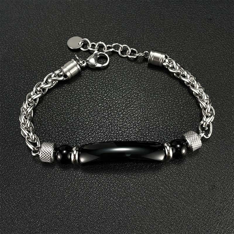 Bracelet à boucle robuste en acier titane et pierre d'obsidienne noire et œil de Buddha Stones