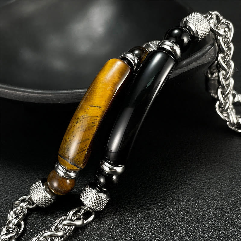 Bracelet à boucle robuste en acier titane et pierre d'obsidienne noire et œil de Buddha Stones