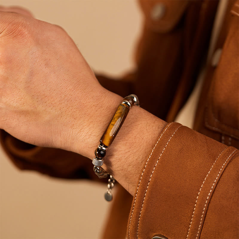 Bracelet à boucle robuste en acier titane et pierre d'obsidienne noire et œil de Buddha Stones