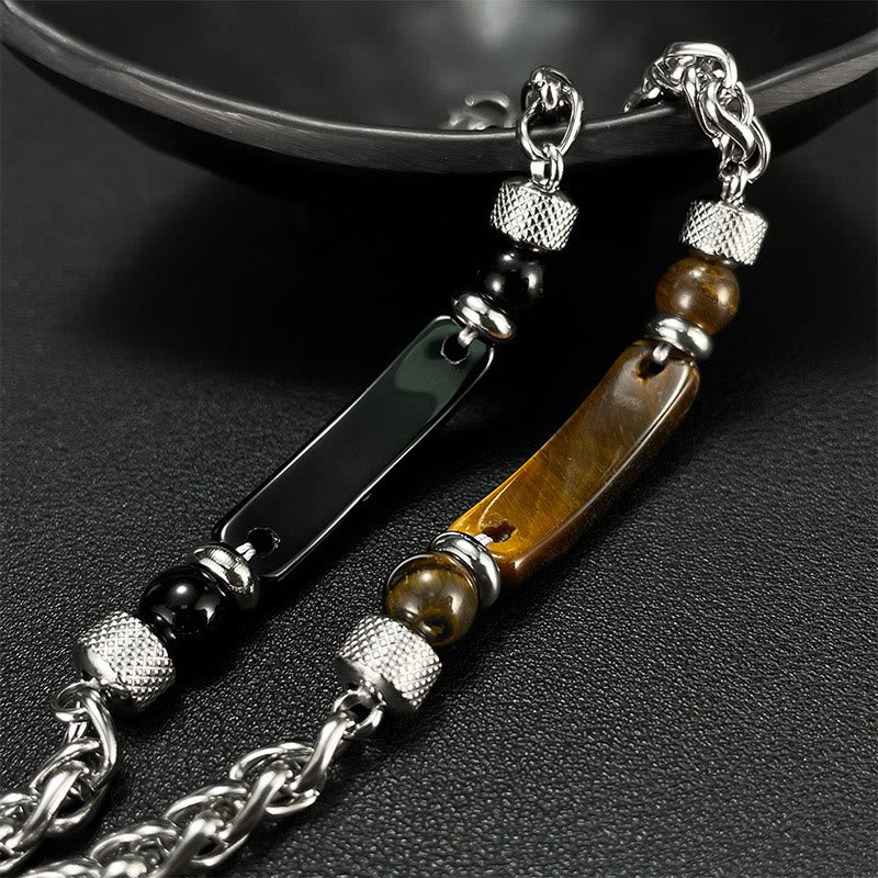 Bracelet à boucle robuste en acier titane et pierre d'obsidienne noire et œil de Buddha Stones