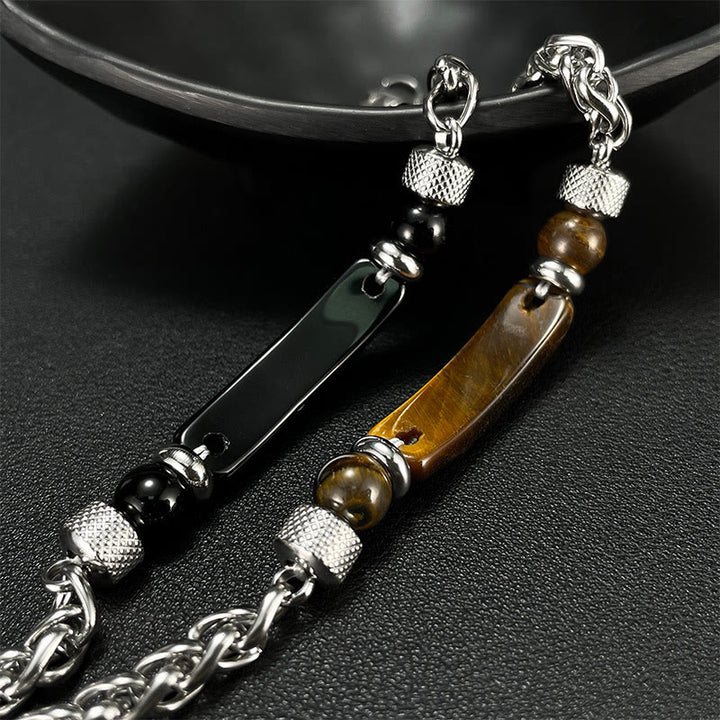 Bracelet à boucle robuste en acier titane et pierre d'obsidienne noire et œil de Buddha Stones