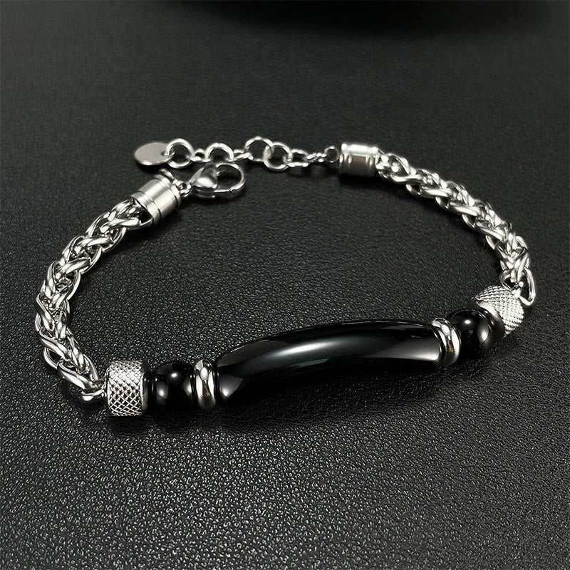 Bracelet à boucle robuste en acier titane et pierre d'obsidienne noire et œil de Buddha Stones