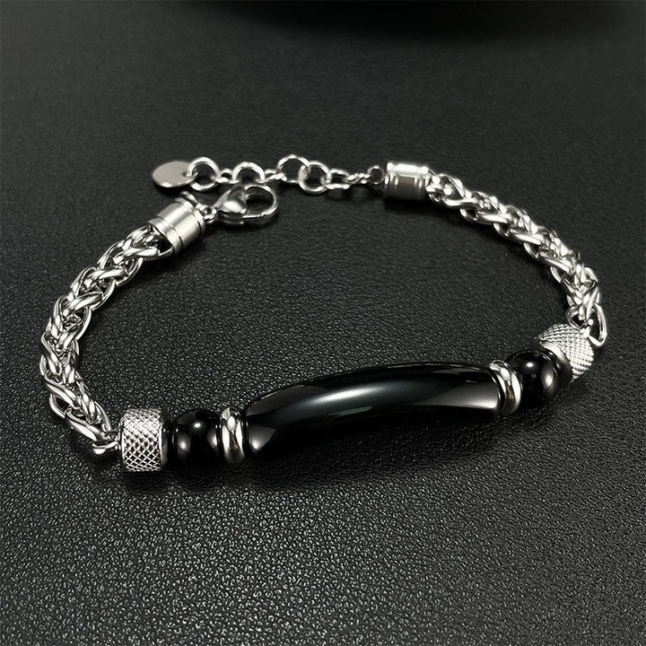 Bracelet à boucle robuste en acier titane et pierre d'obsidienne noire et œil de Buddha Stones