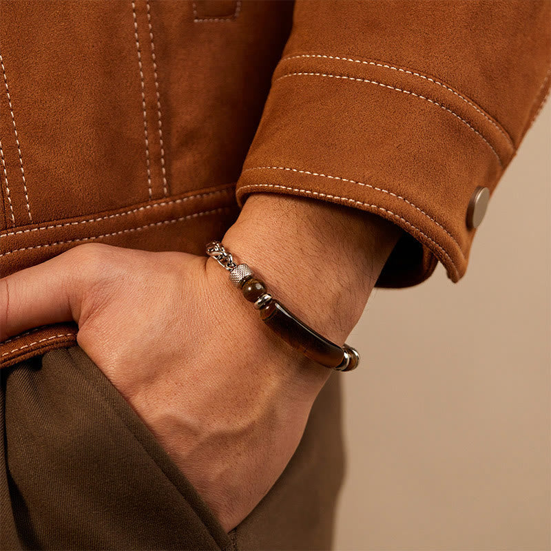 Bracelet à boucle robuste en acier titane et pierre d'obsidienne noire et œil de Buddha Stones