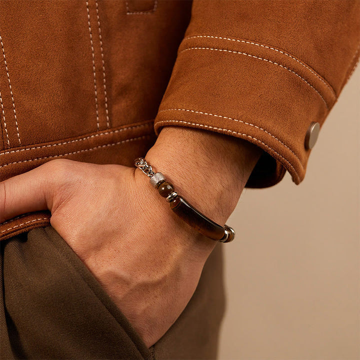 Bracelet à boucle robuste en acier titane et pierre d'obsidienne noire et œil de Buddha Stones