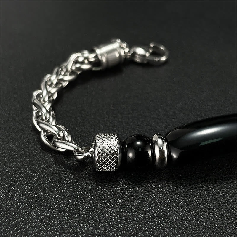 Bracelet à boucle robuste en acier titane et pierre d'obsidienne noire et œil de Buddha Stones
