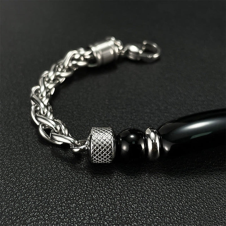 Bracelet à boucle robuste en acier titane et pierre d'obsidienne noire et œil de Buddha Stones