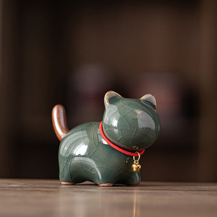 Figurine en céramique représentant un mini chat porte-bonheur debout, en forme de clochette rouge, en forme de pierre de Buddha Stones - Vert (7,6 x 3,9 x 5,6 cm) - image 13