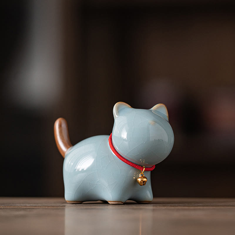 Figurine en céramique représentant un mini chat porte-bonheur debout, en forme de clochette rouge, en forme de pierre de Buddha Stones - Bleu (7,6*3,9*5,6 cm) - image 15