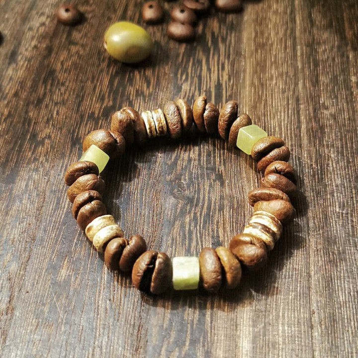 Bracelet carré en jade et perles de café naturelles faites à la main, Buddha Stones