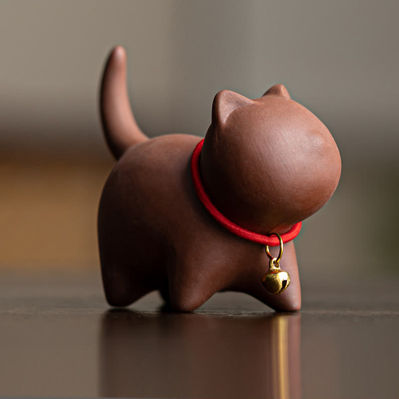 Mini figurine en argile violette représentant un chat en forme de cloche en corde rouge, décoration de bureau - Chat brun (6,7*5,0*5,7 cm) - image 1