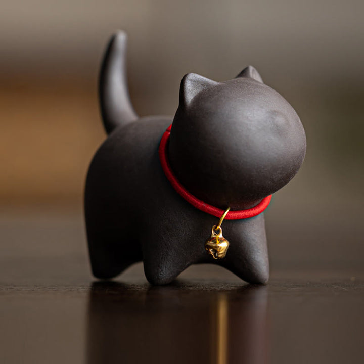 Mini figurine en argile violette représentant un chat en forme de cloche en corde rouge, décoration de bureau - Chat noir (6,7*5,0*5,7 cm) - image 7
