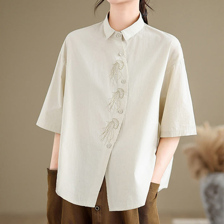 Chemise décontractée en coton à manches mi-longues et col montant avec boutons et motif méduses brodées Buddha Stones pour femme